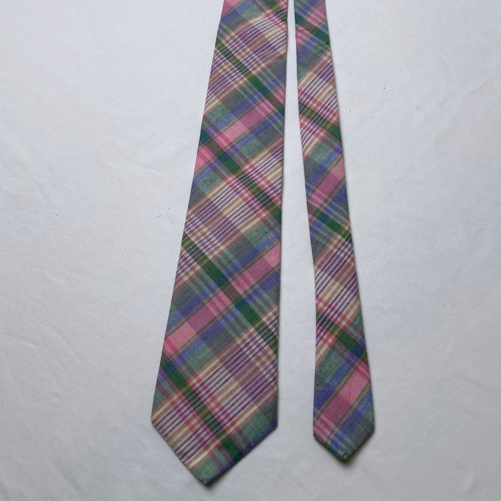 Kenneth Gordon Vintage Mens Plaid Cotton Hand Sewn Necktie Multicolor Preppy